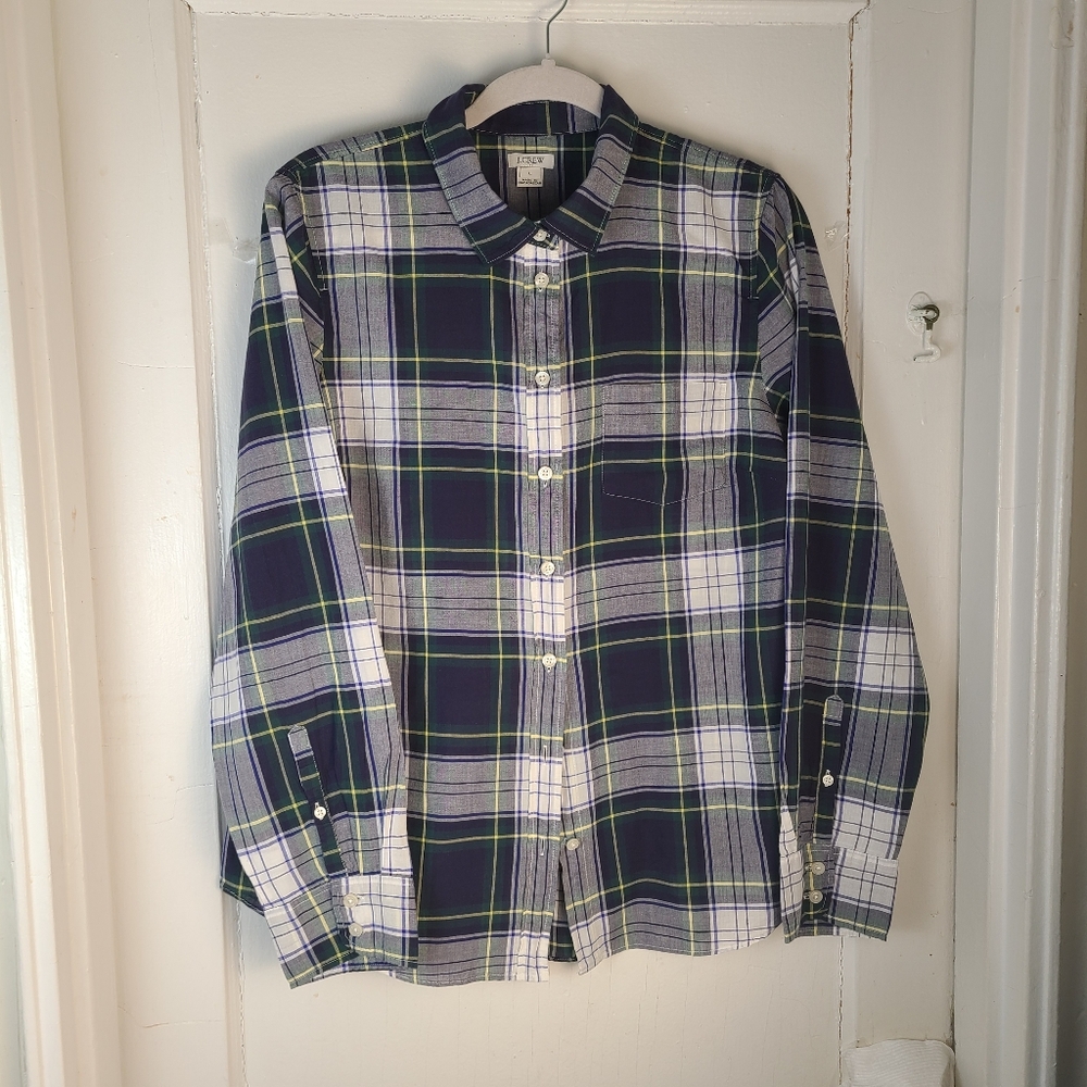 J. Crew K3361 Long Sleeves Women's Size L Button Down Green, Blue, White Shirt.